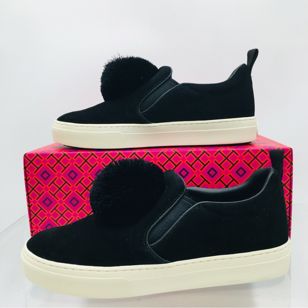 Tory Burch- Pom Pom Sneaker - Silk Suede / Suede- Perfect Black Women’s SZ 8.5 M